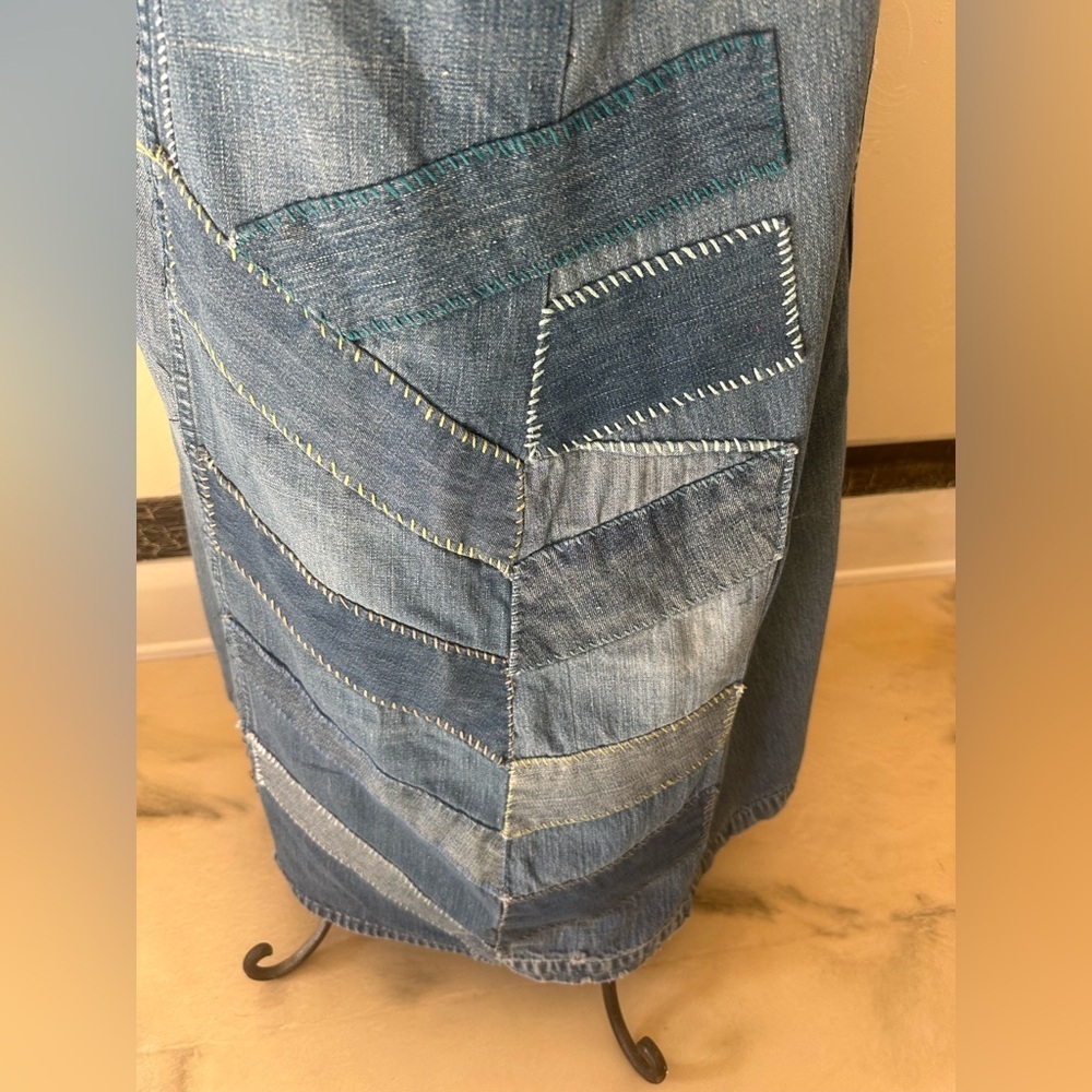 Vintage L.A.P.D. California Denim Skirt | Patchwork Chevron | Upcycled Boho Midi - Picture 4 of 10